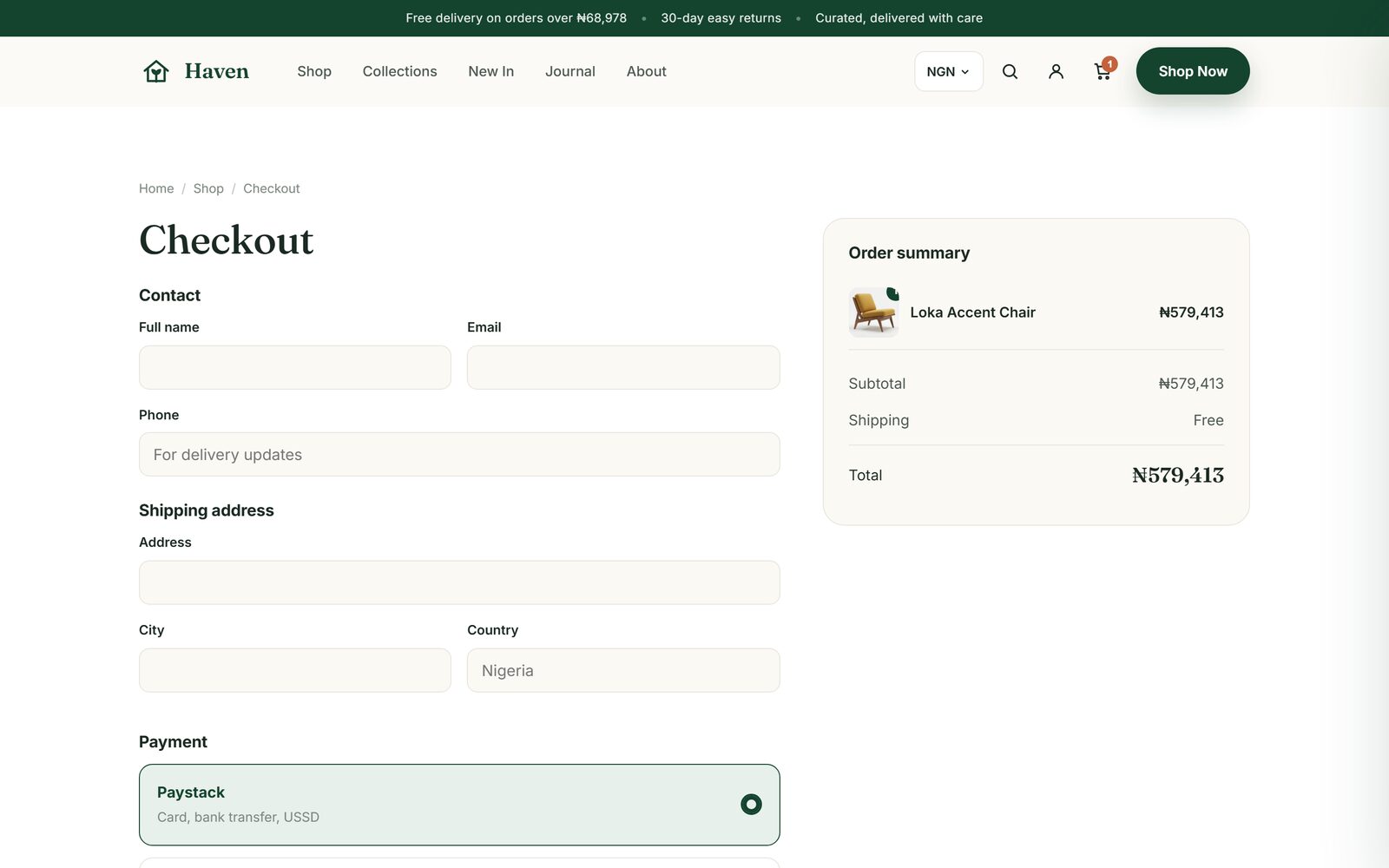 The checkout of a live store with delivery details and card payment