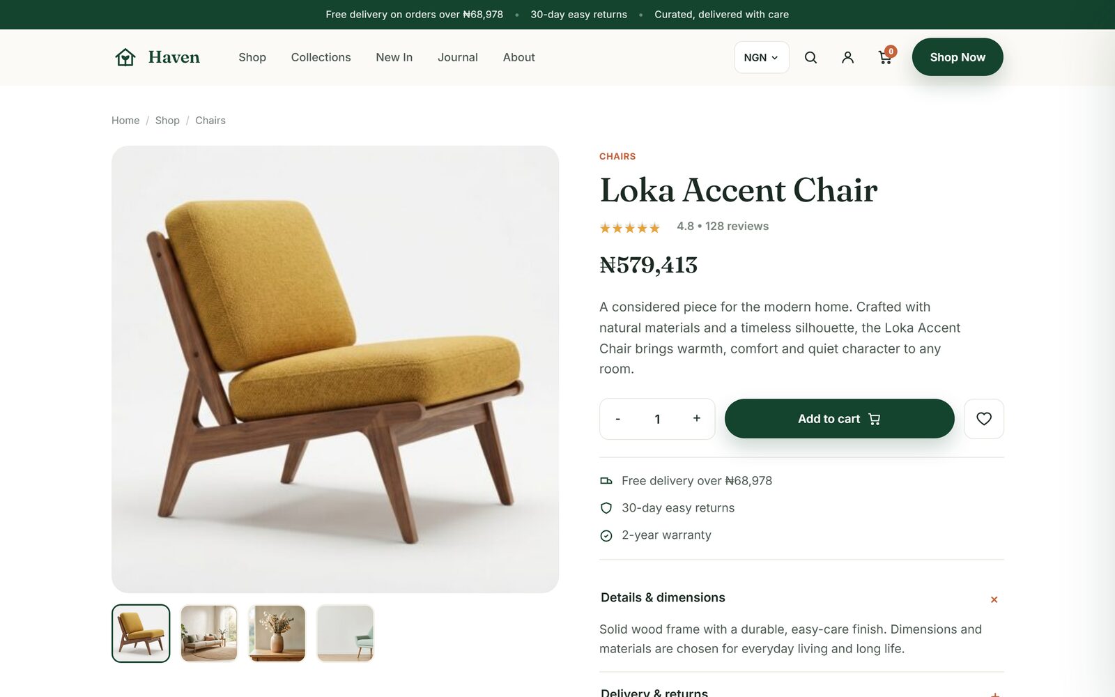 A product page on a live store with gallery, price and add to cart